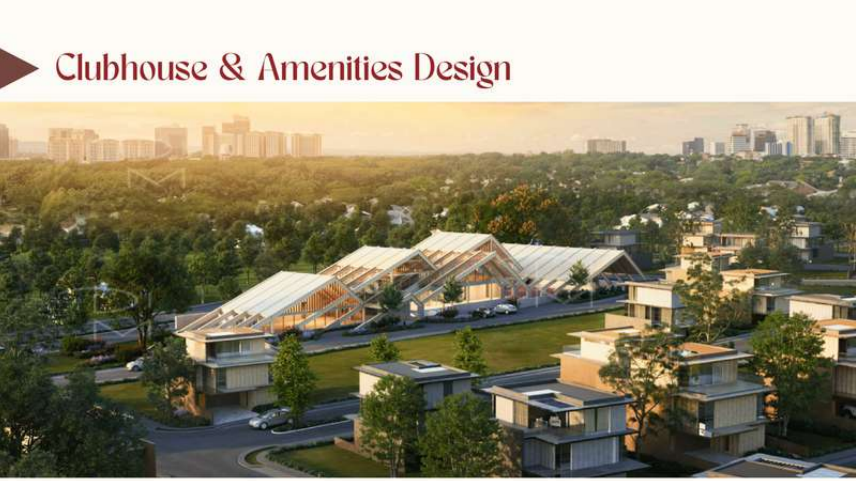 Aerial view render of clubhouse and surrounding lots at sunset