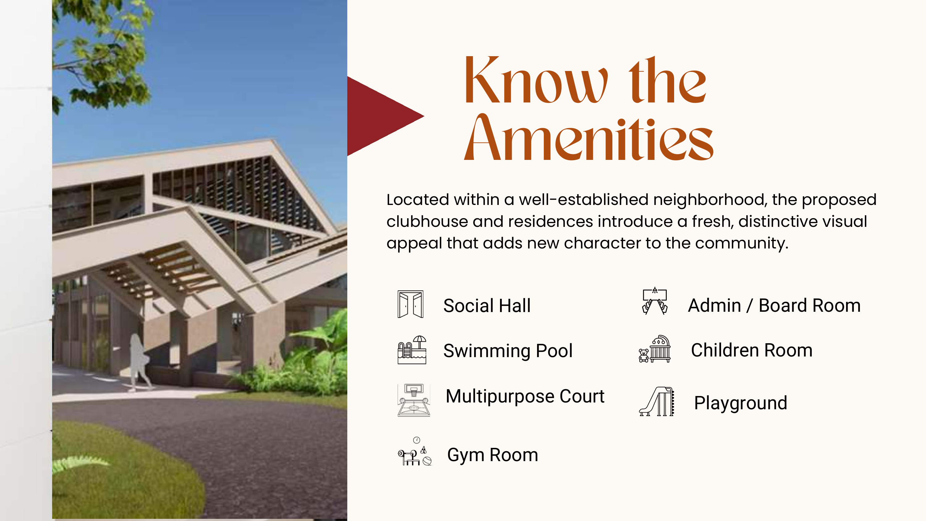 Amenities overview slide with clubhouse render and list