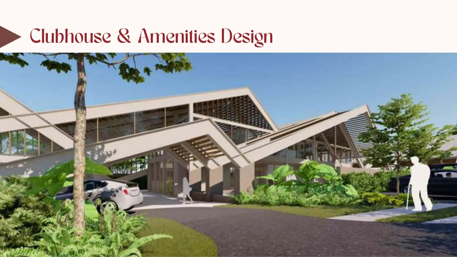 Clubhouse driveway approach with landscaped entry