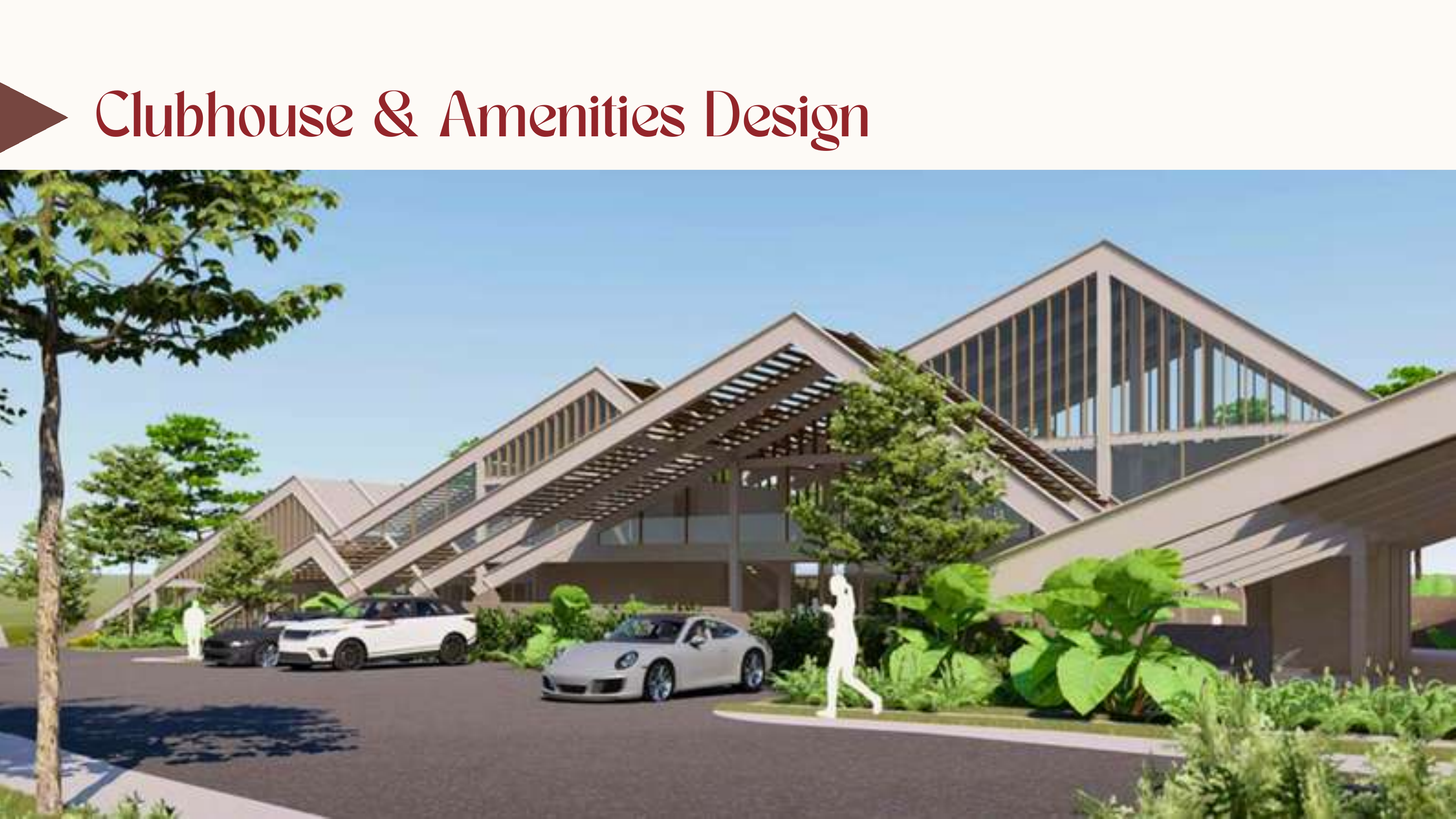 Clubhouse exterior render with layered gable rooflines