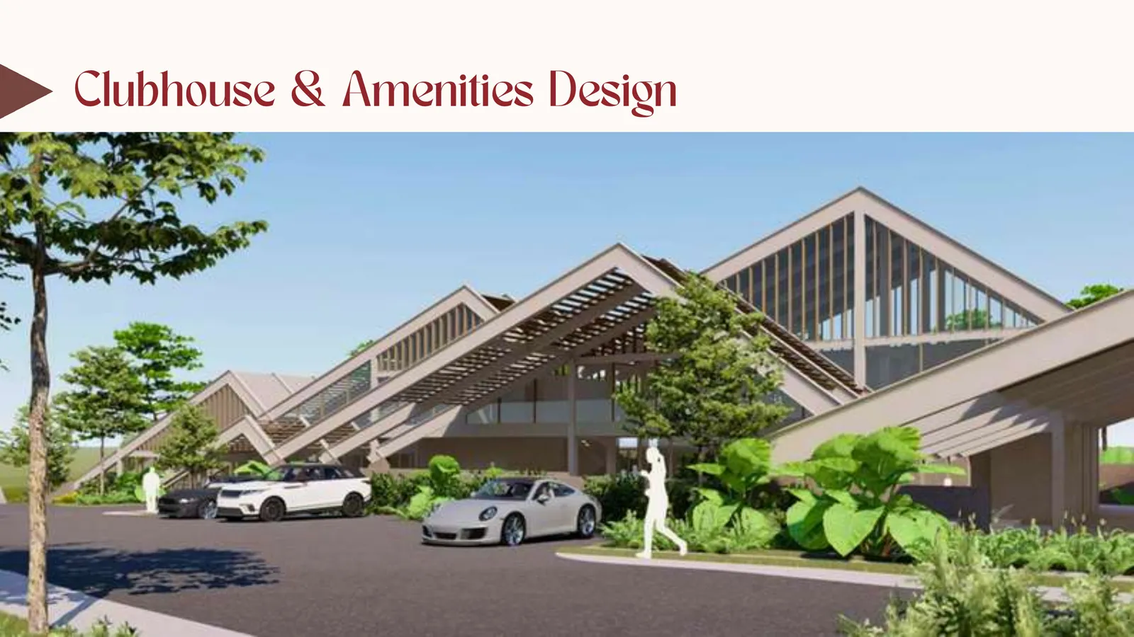 Clubhouse exterior render with layered gable rooflines