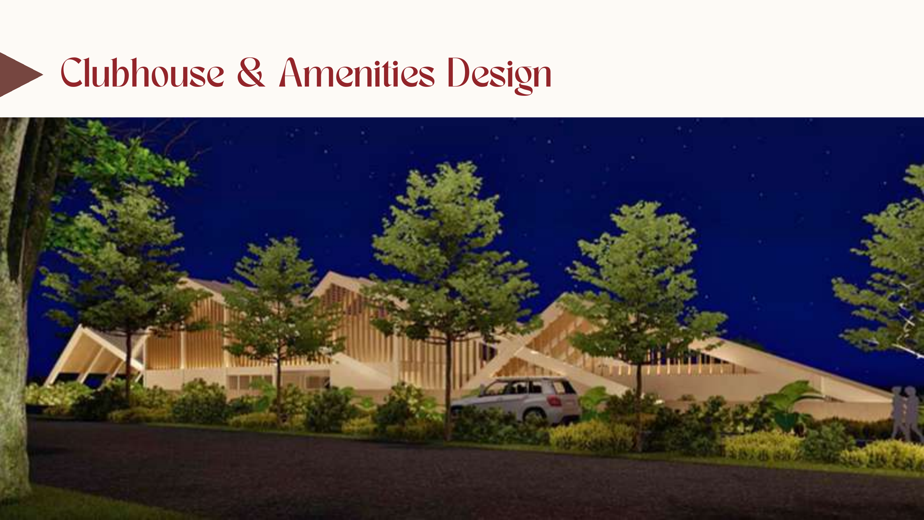 Nighttime clubhouse render with warm lighting