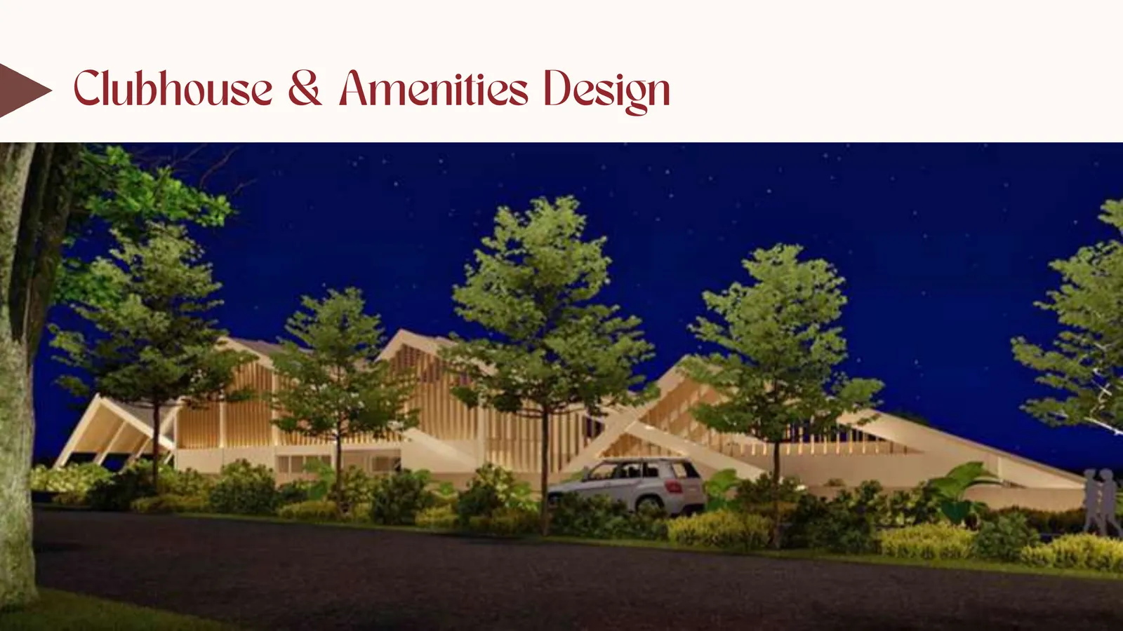 Nighttime clubhouse render with warm lighting