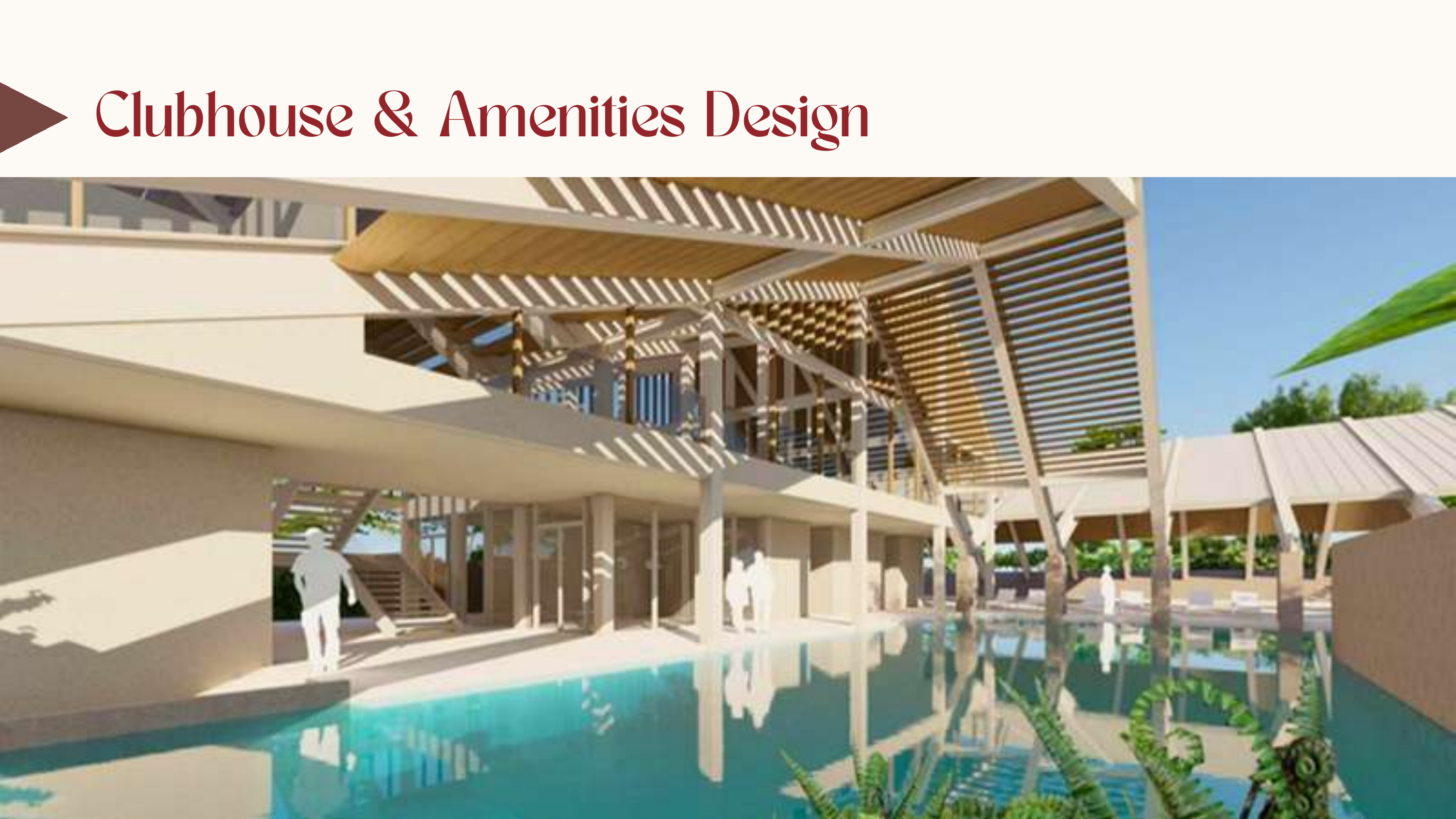 Pool deck render with shaded lounge and clubhouse structure