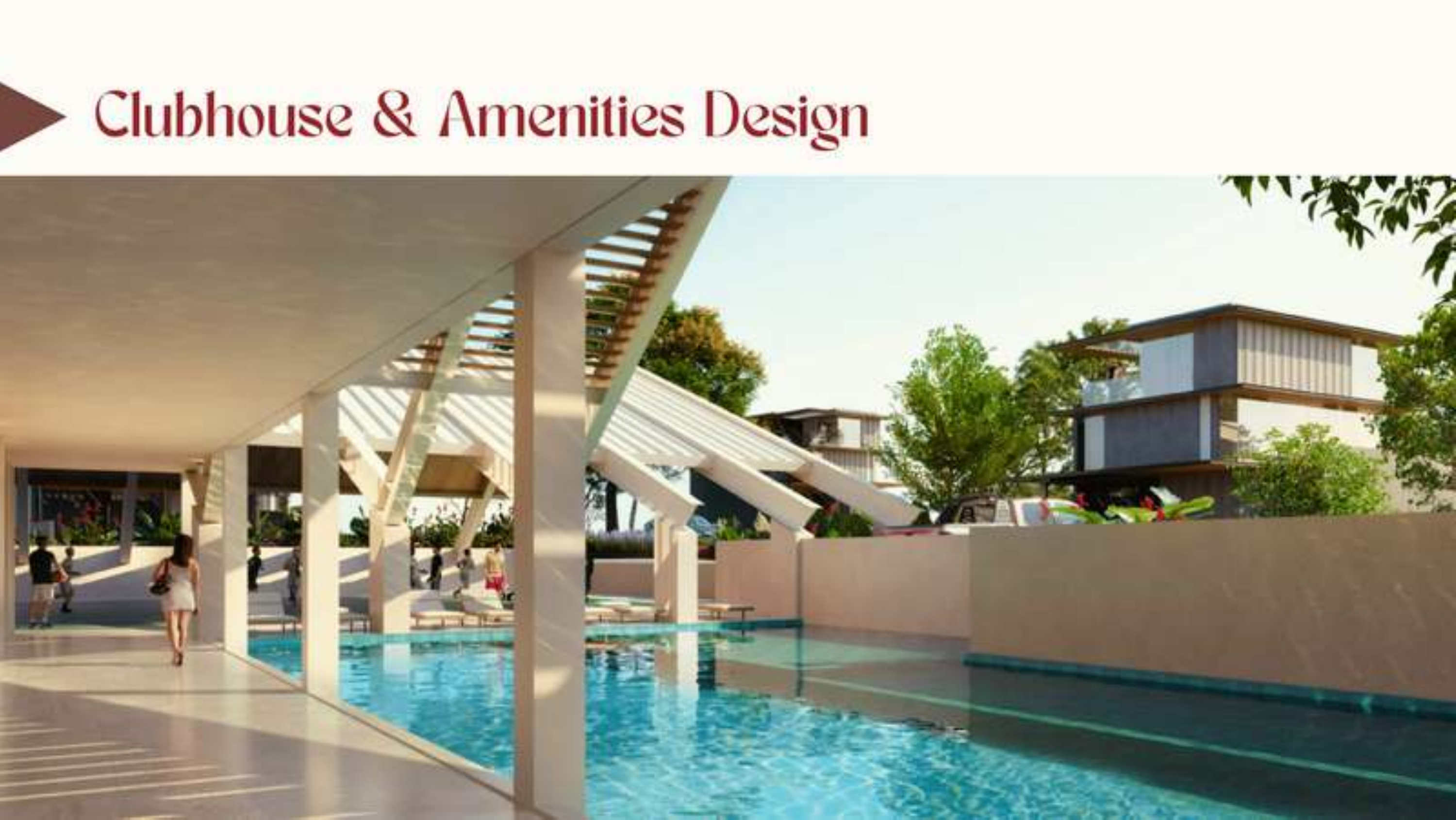 Pool walkway render with shaded terraces