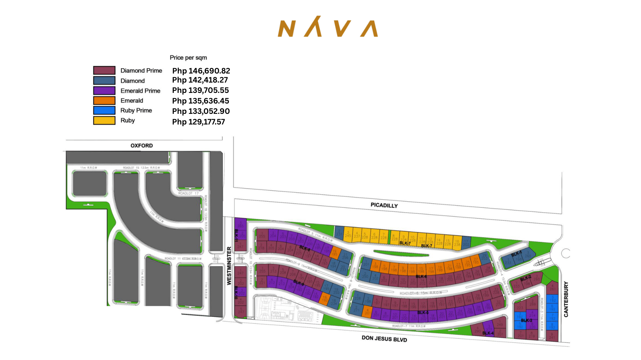 Lot map with tiered pricing legend for Nava Hillsborough showing Ruby, Emerald, and Diamond classifications