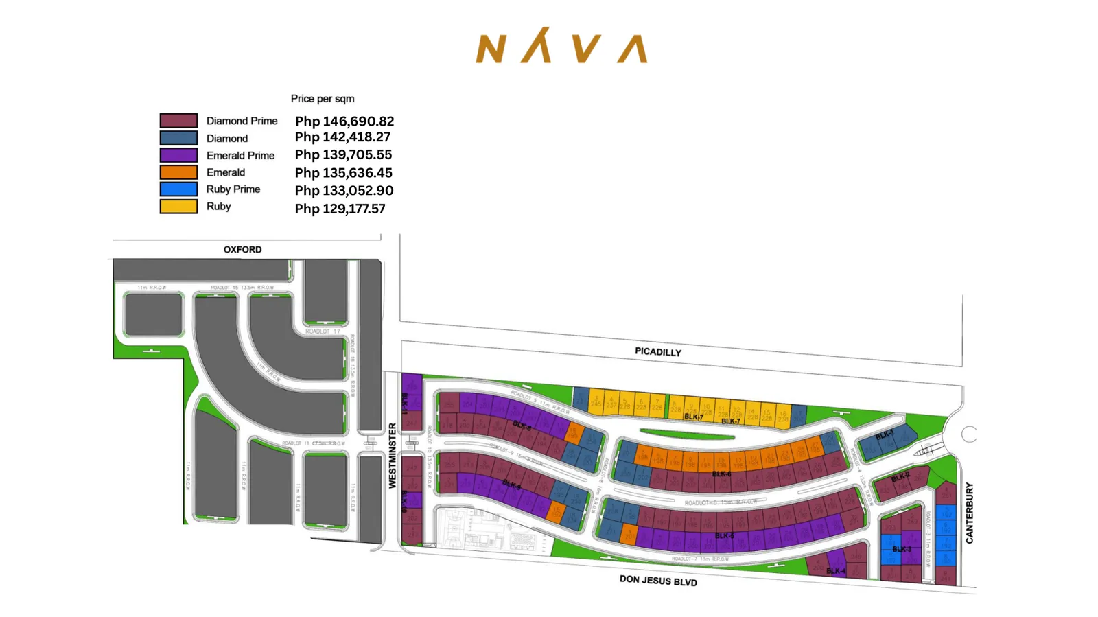 Lot map with tiered pricing legend for Nava Hillsborough showing Ruby, Emerald, and Diamond classifications